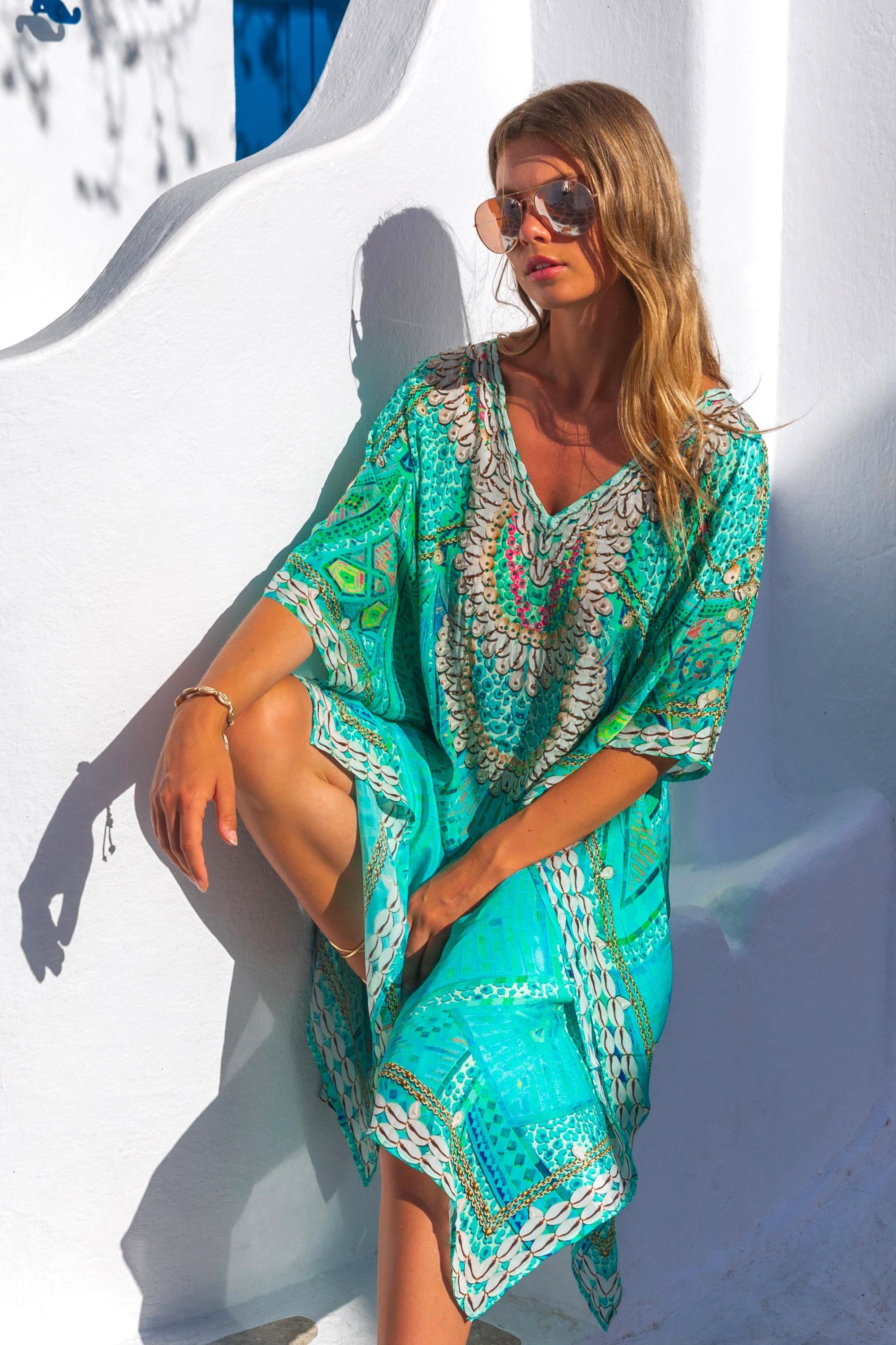 Aqua silk crepe cover ups to wear to the beach by Lindsey Brown resort wear