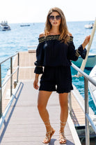 Black and gold cotton off the shoulder top by Lindsey Brown resort wear 