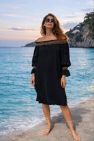 black bardot off the shoulder beach dresses to wear on a caribbean cruise holiday by lindsey brown
