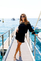 Black gold cotton off the shoulder top by Lindsey Brown resort wear 