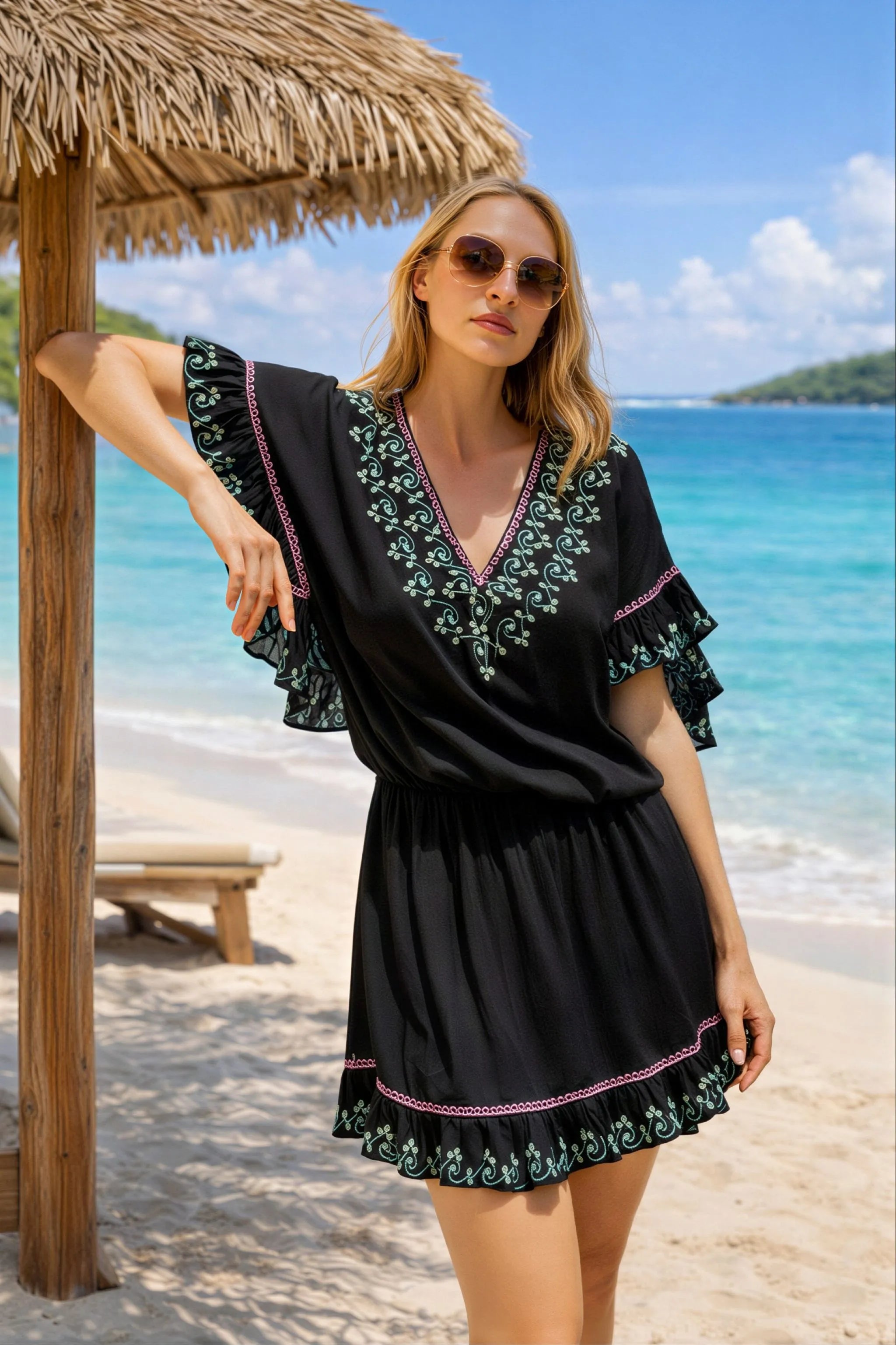 black v neckline embroidered beach dresses to wear on a caribbean cruise holiday by lindsey brown resort wear