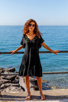 black cotton kneel length beach dresses to wear on holiday by Lindsey Brown 