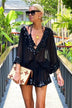 Black Silk sparkly silk kaftans by Lindsey Brown luxury resort wear worn by Anna Mavridis