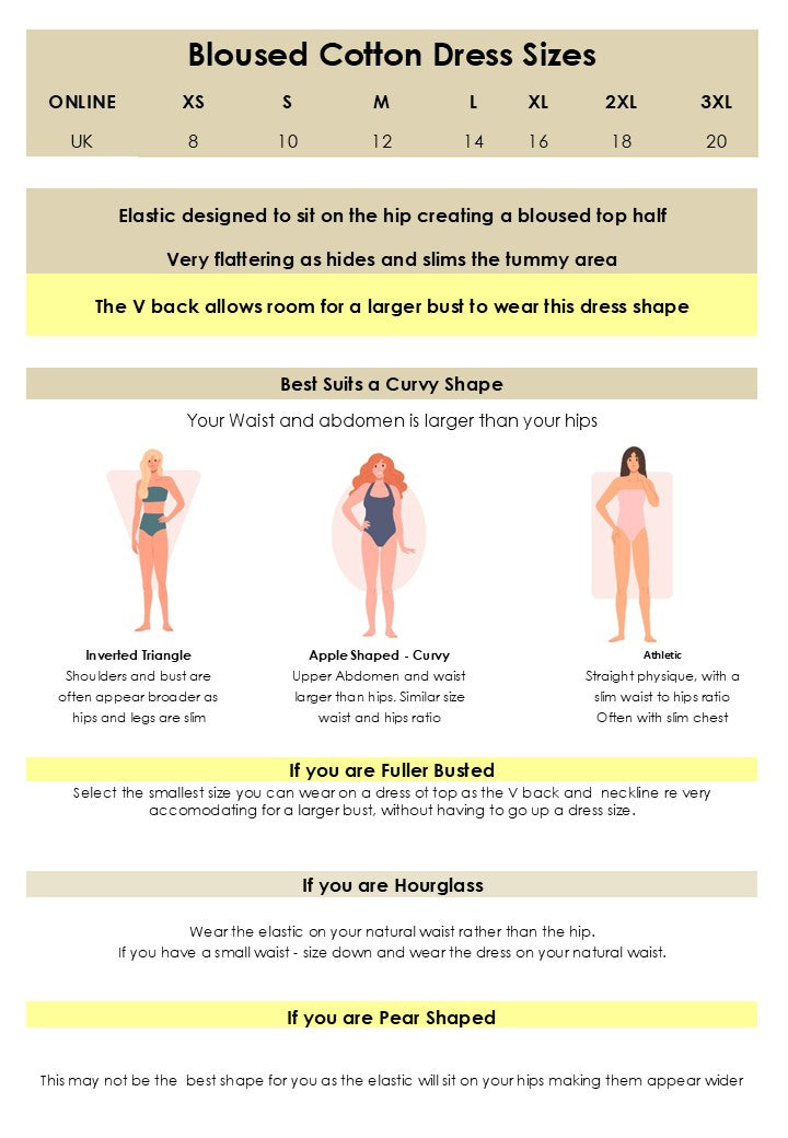 Bloused cotton beach dresses size guides