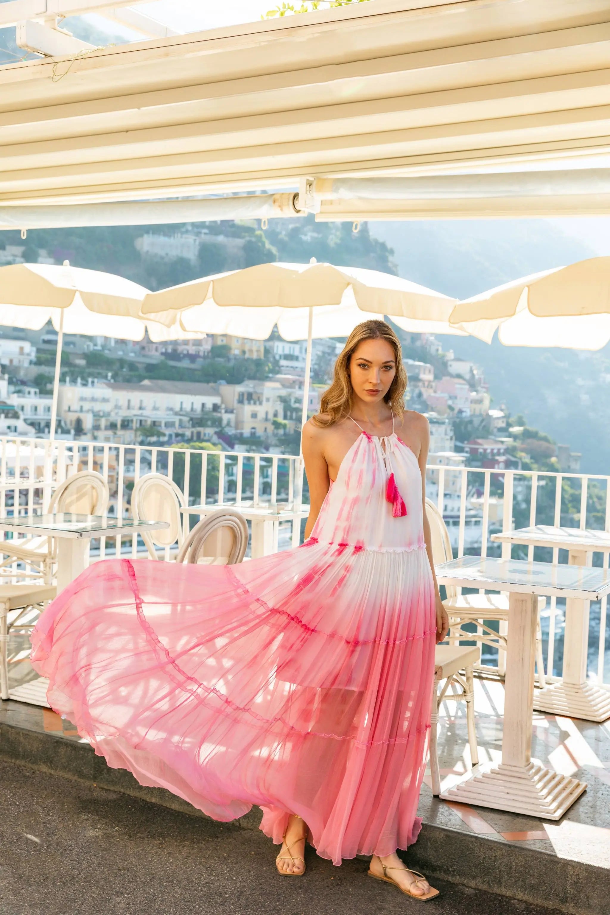 Pink silk floaty summer maxi dress by Lindsey Brown luxury silk resort wear