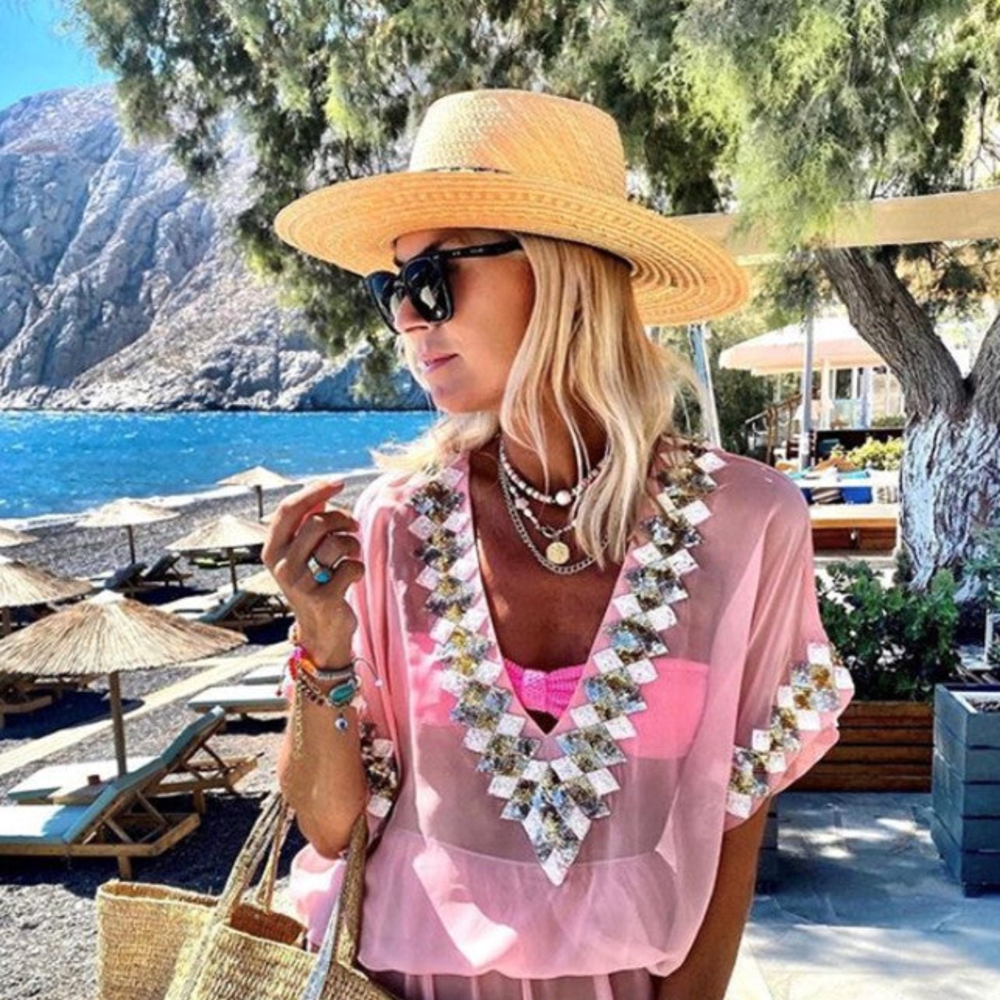 Stunning pink silk kaftan by Lindsey Brown resort wear