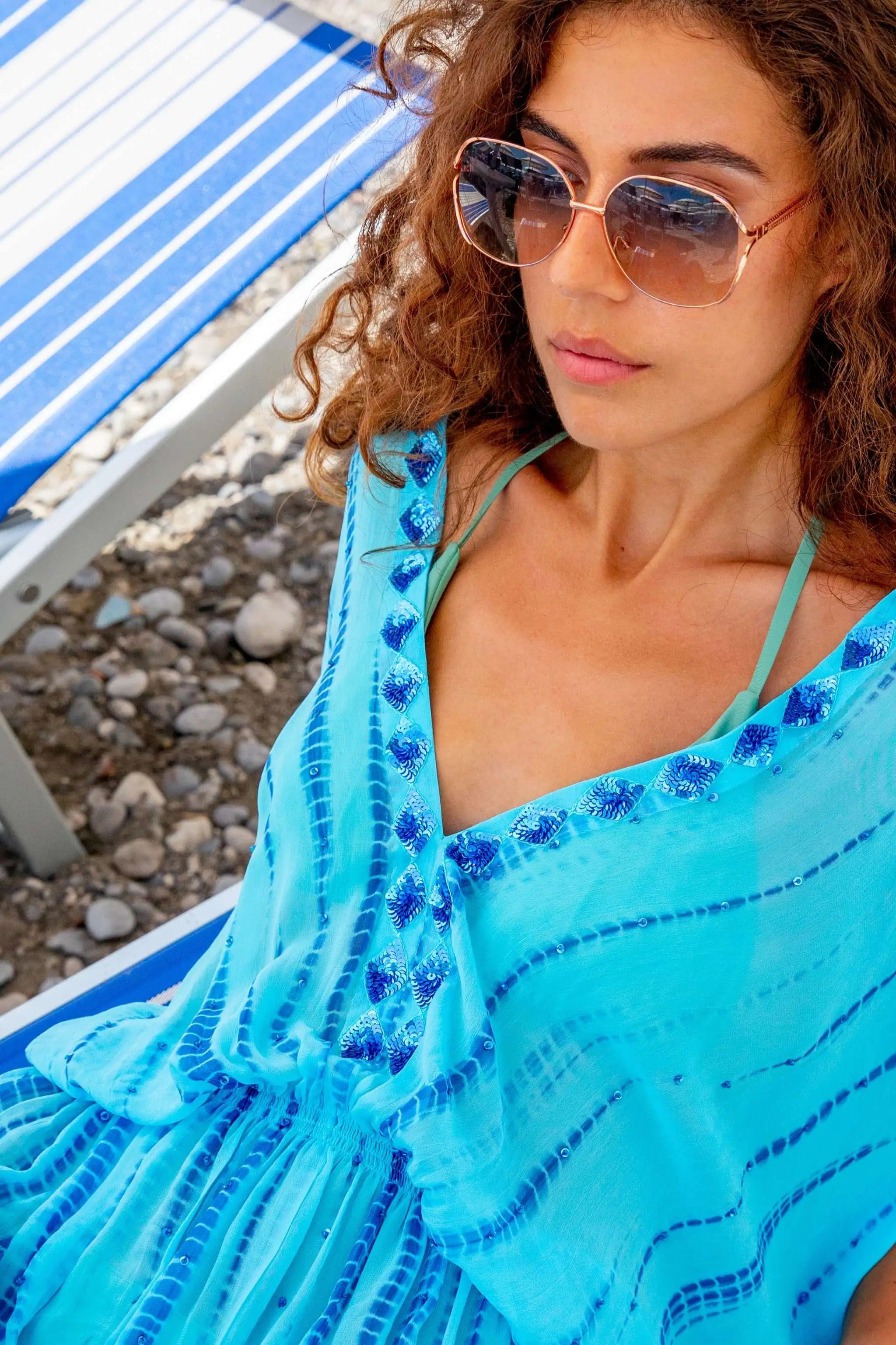 turquoise blue silk luxury resort wear kaftans by  Lindsey Brown