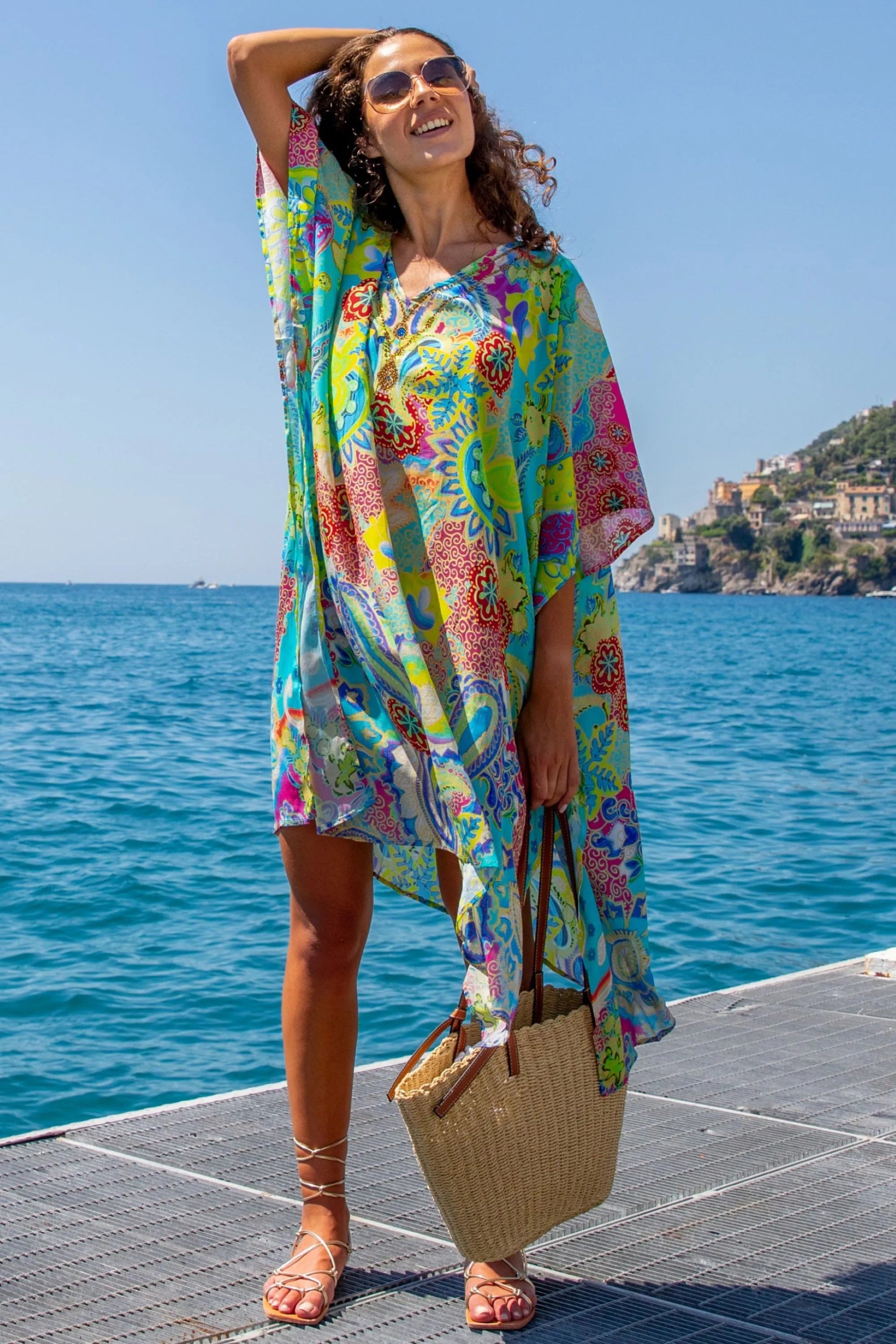 turquoise silk printed designer beach cover ups by Lindsey Brown