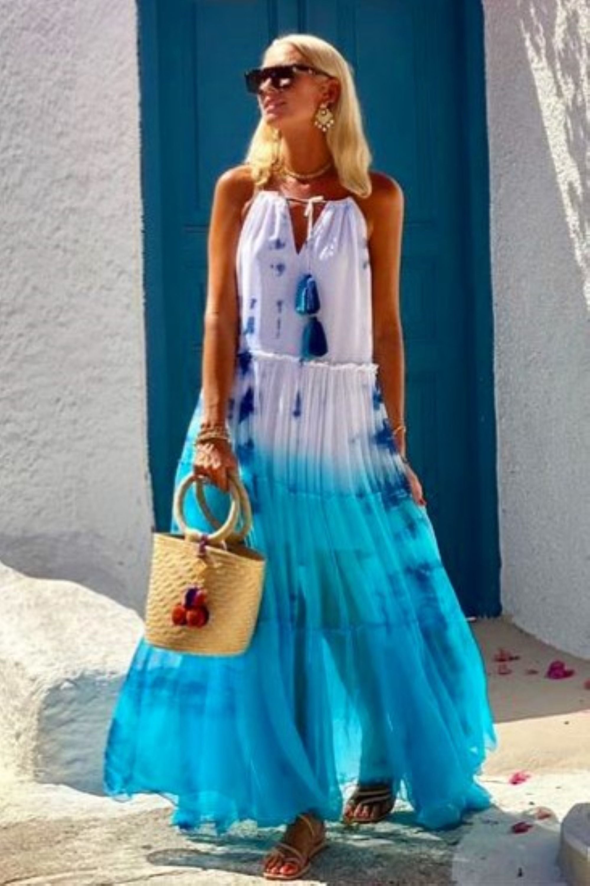 White turquoise silk maxi dress seen on Mama Mia I Have a Dream by Lindsey Brown resort wear