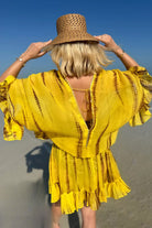 Yellow v back bloused silk kaftan dress to wear on holiday by Lindsey Brown 