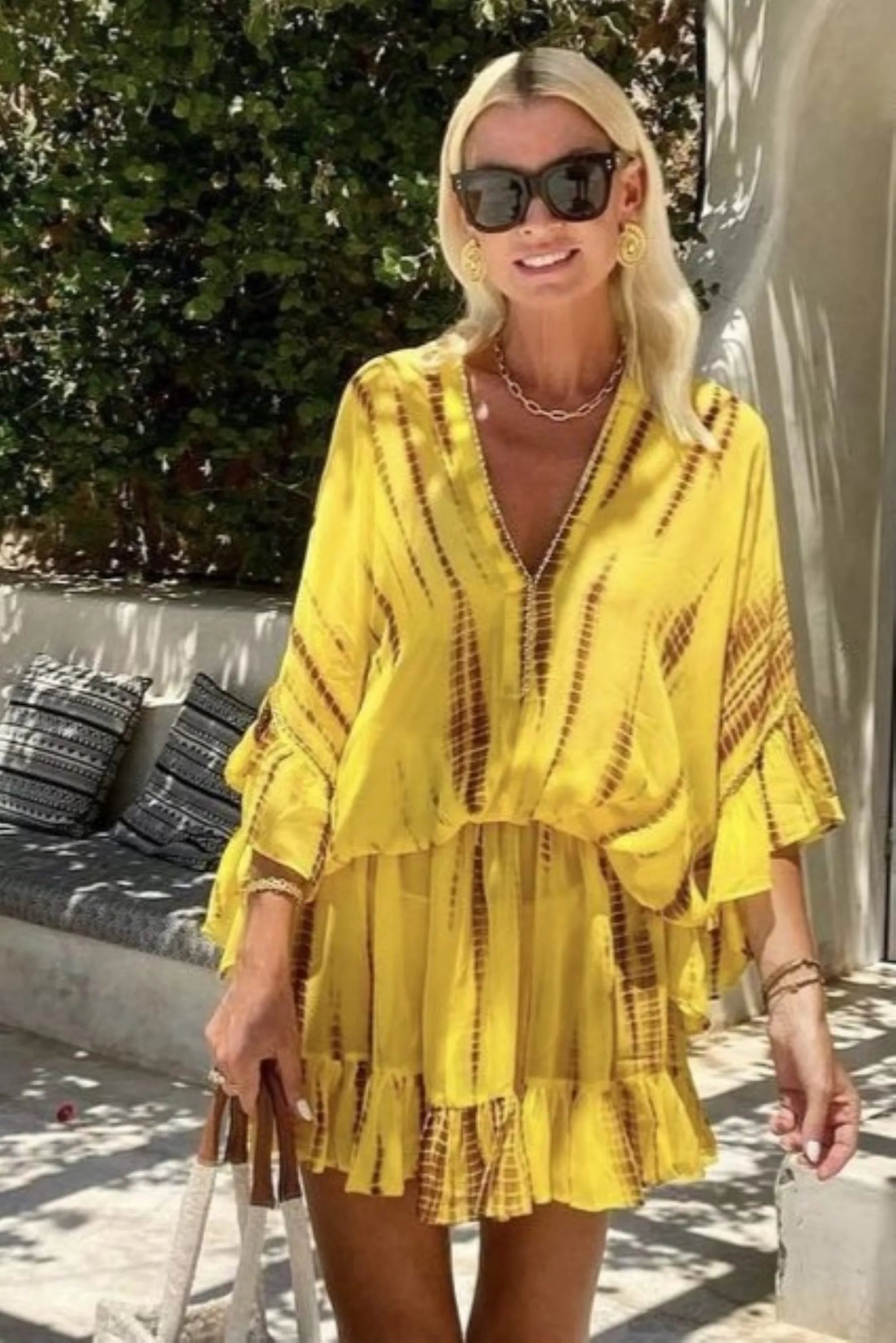 Yellow silk kaftans worn by Anna Mavridis wears Lindsey Brown luxury silk resort wear